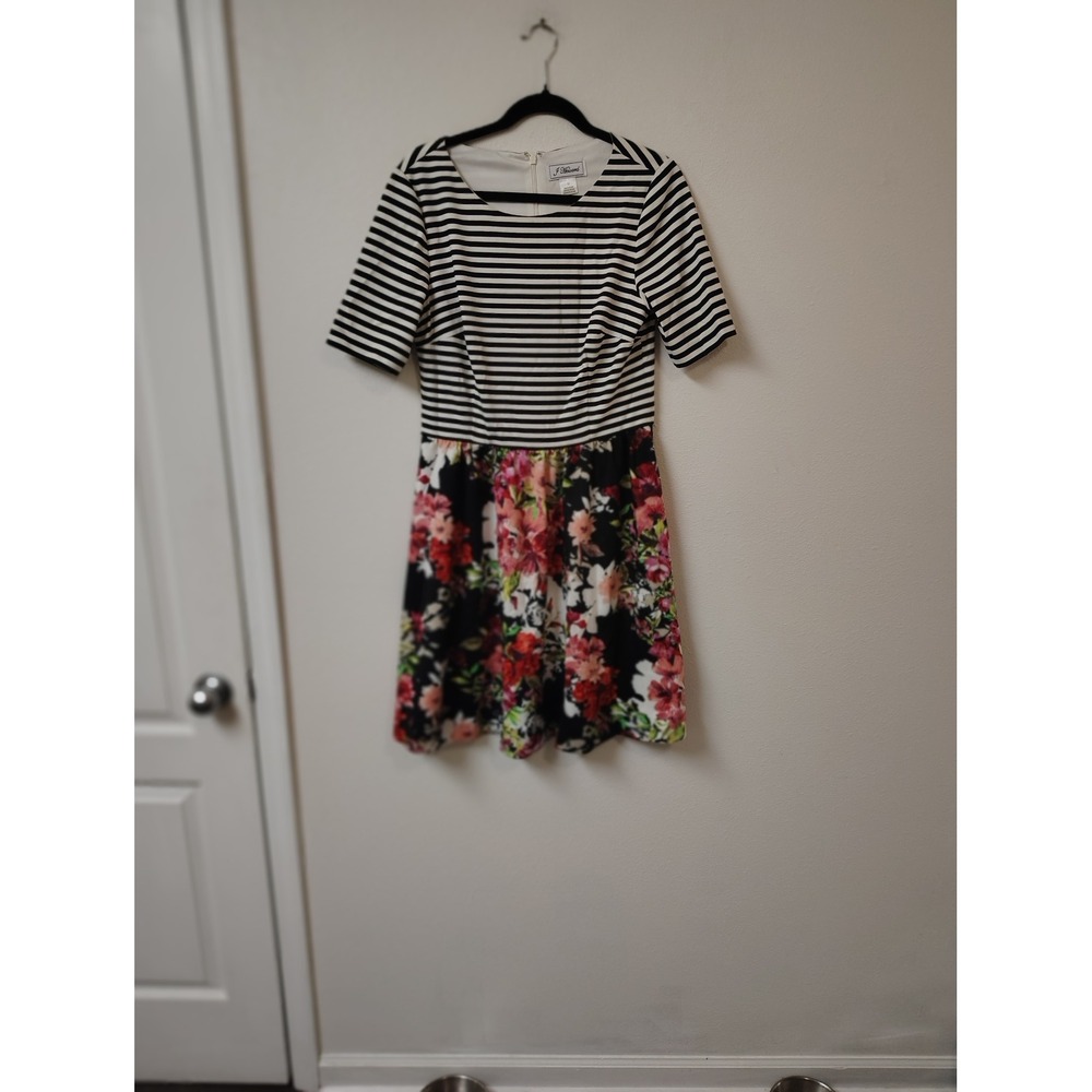 J Howard Mixed Print Striped Floral Fit and Flare Dress Womens Size 12 Black Red